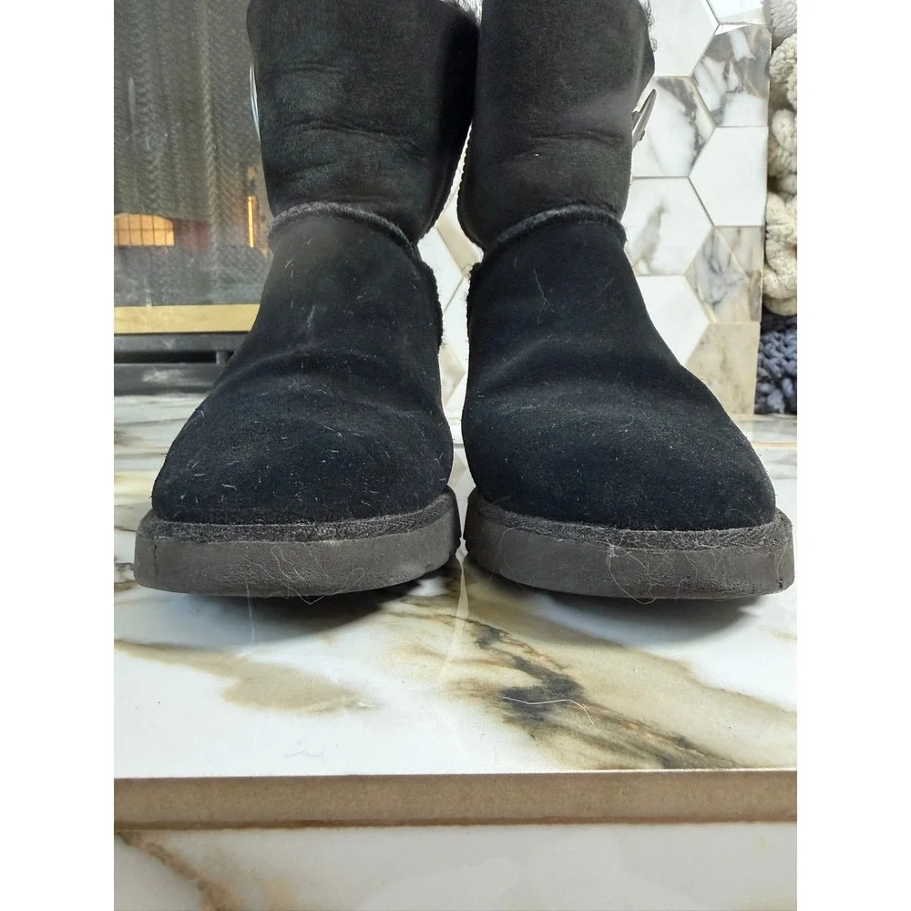 UGG Classic Femme Toggle Wedge Boots Women 6 Black Suede Shearling Ankle Booties